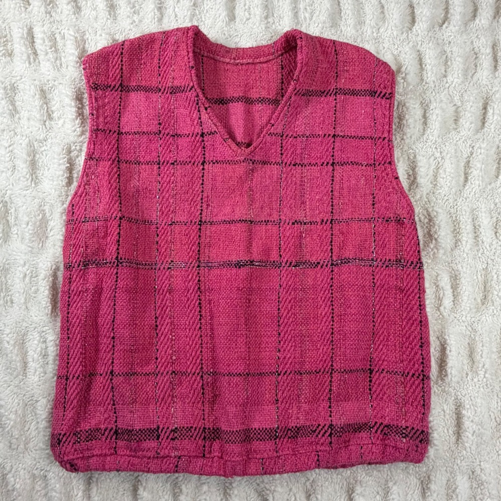 Vintage Pink Plaid Sweater Vest V-Neck Metallic Tinsel Knit Sleeveless Top